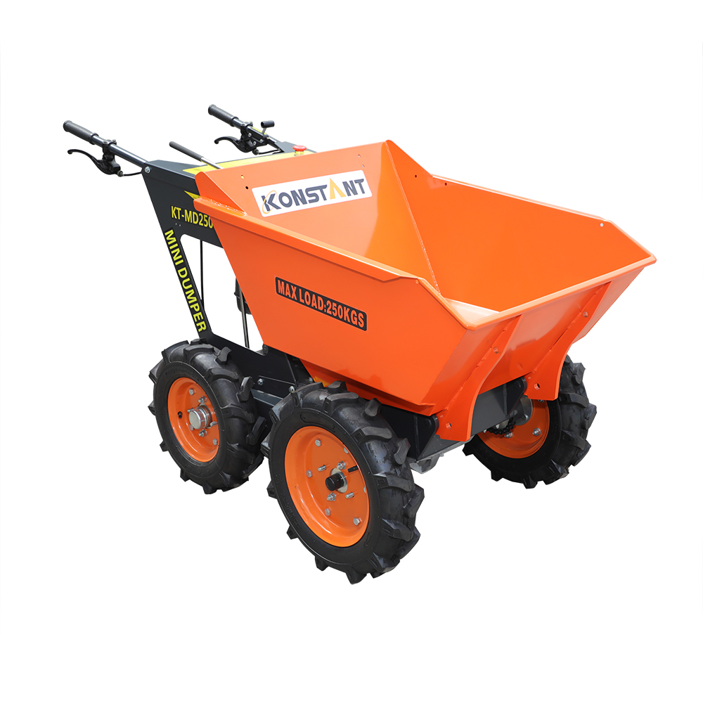 Gasoline powered concrete buggy wheelbarrow mini dumper with large steel hopper and 250kg payload capacity for moving sand, soil, gravel, and concrete on site